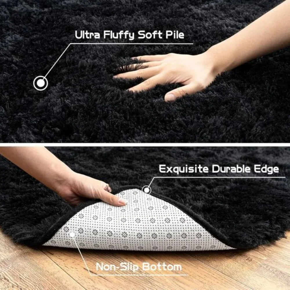 8x10 Black Plush Rug, Fluffy Soft Shaggy Non-Slip Carpet for Home & Room Decor